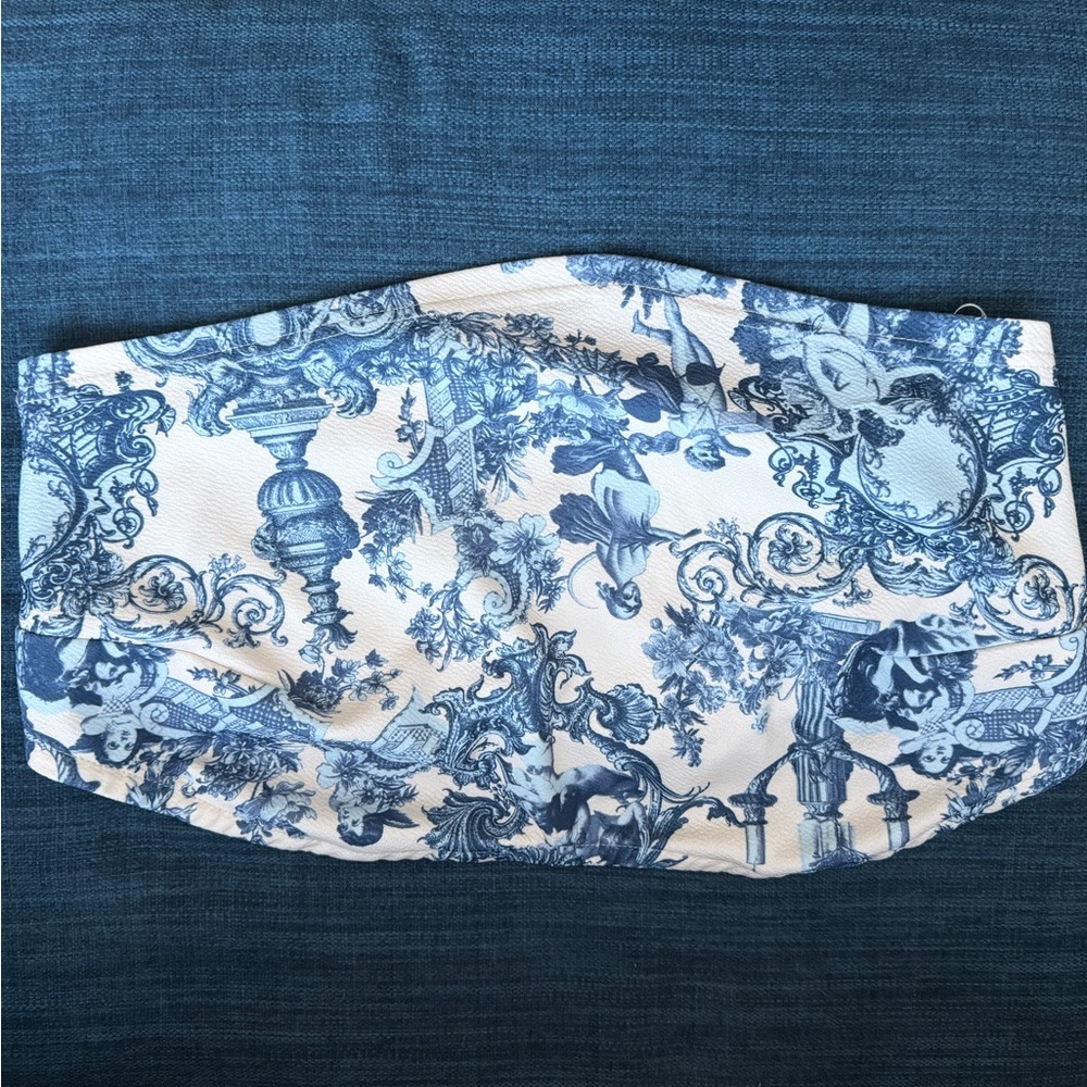 Blue and White Toile Print Strapless Bustier Top